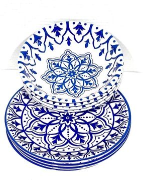 Melamine Dinnerware 8 - piece Set of Plates and Bowls White and Blue Medallion